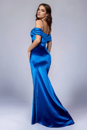 Royal Blue Cold Shoulder Ruched Long Formal Dress with Slit